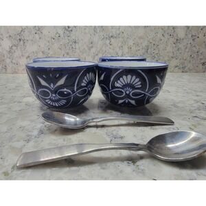 Bombay Demitasse Tea Cups and 2 Spoons & 4‎ Cups Blue White Floral Discontinued